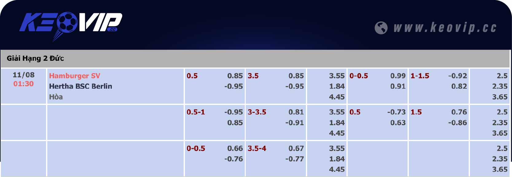 Bảng tỷ lệ kèo Hamburger SV vs Hertha Berlin 01h30 ngày 11/08/2024
