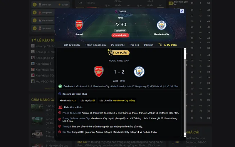 Dự đoán kết quả AI Arsenal vs Man City 22h30 ngày 21/9/2025