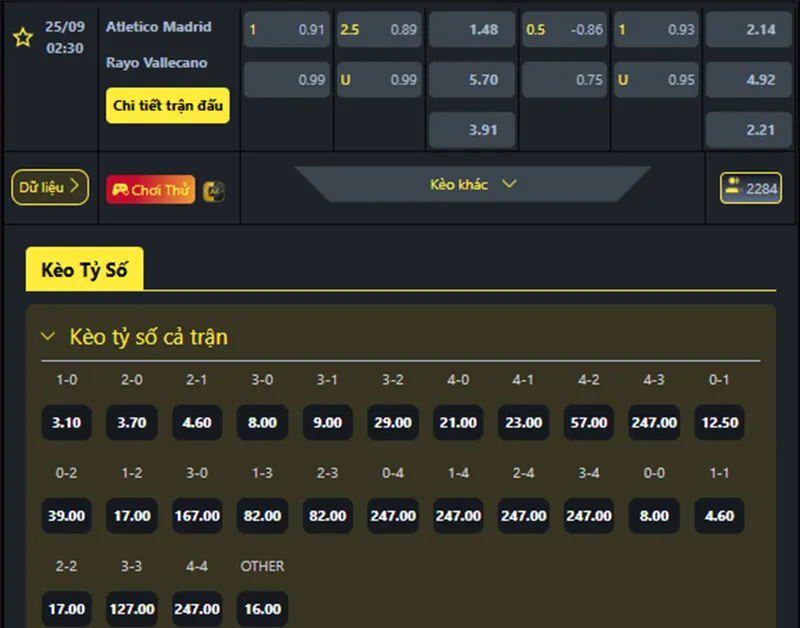 Tỷ lệ kèo Atl Madrid vs Vallecano hôm nay 02h30 ngày 25/9/2025