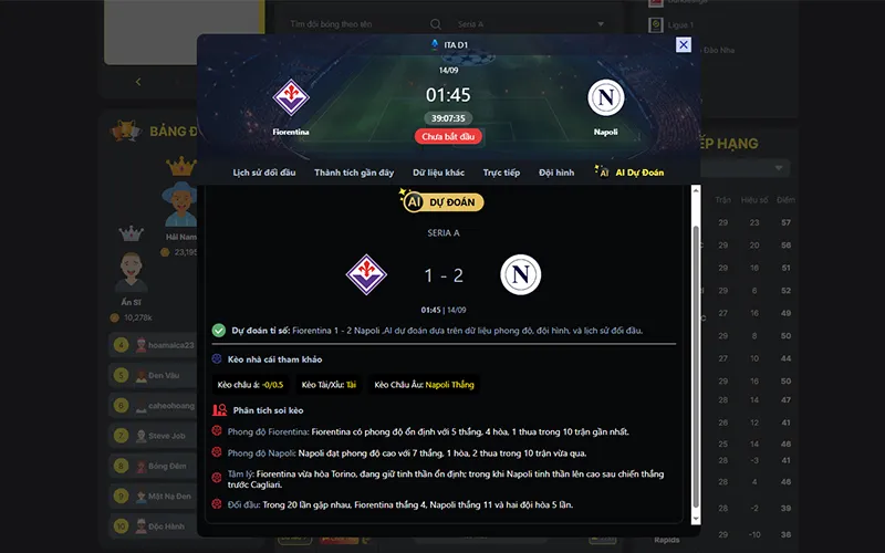 Dự đoán kết quả AI Fiorentina vs Napoli 01h45 ngày 14/9/2025