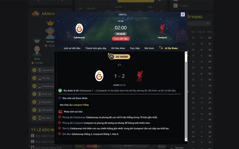 Dự đoán kết quả AI Galatasaray vs Liverpool 02h00 ngày 01/10/2025