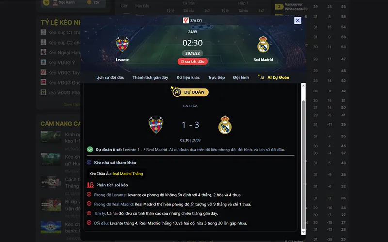 Dự đoán kết quả AI Levante vs Real Madrid 02h30 ngày 24/9/2025