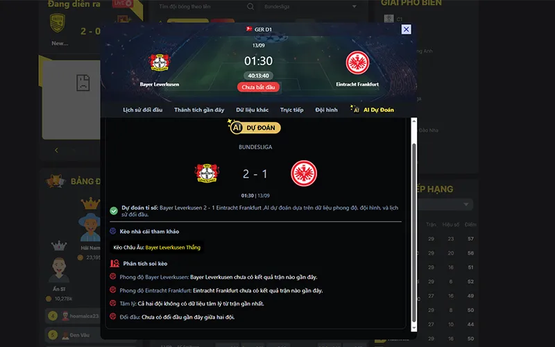 Dự đoán kết quả AI Leverkusen vs Frankfurt 01h30 ngày 13/9/2025