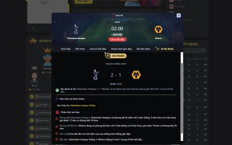 Dự đoán kết quả AI Tottenham vs Wolves 02h00 ngày 28/9/2025