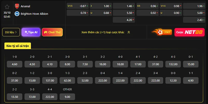 Tỷ lệ kèo Arsenal vs Brighton hôm nay 02h45 ngày 30/10/2025