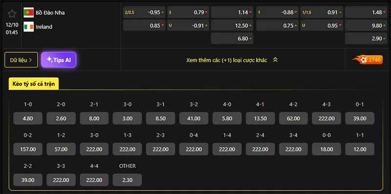 Tỷ lệ kèo Bồ Đào Nha vs Ireland hôm nay 01h45 ngày 12/10/2025