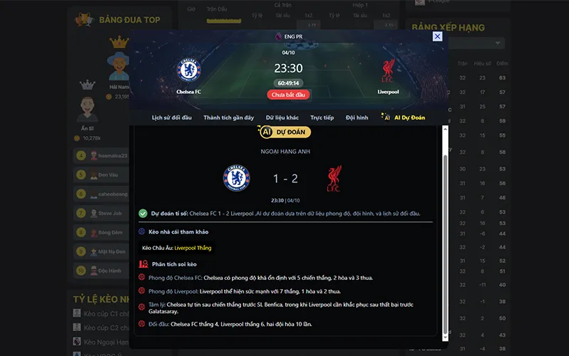 Dự đoán kết quả AI Chelsea vs Liverpool 23h30 ngày 04/10/2025