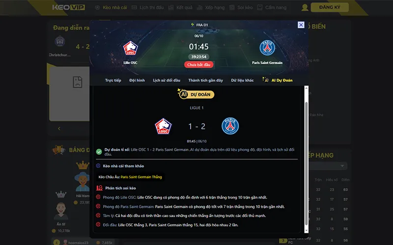 Dự đoán kết quả AI Lille vs PSG 01h45 ngày 06/10/2025