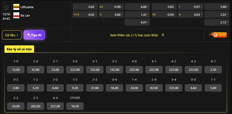 Tỷ lệ kèo Lithuania vs Ba Lan hôm nay 01h45 ngày 13/10/2025