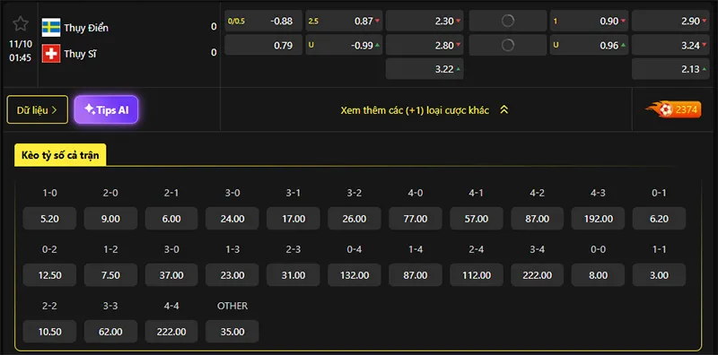 Tỷ lệ kèo Thụy Điển vs Thụy Sĩ hôm nay 01h45 ngày 11/10/2025