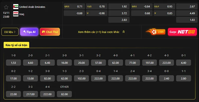 Tỷ lệ kèo UAE vs Iraq hôm nay 23h00 ngày 13/11/2025