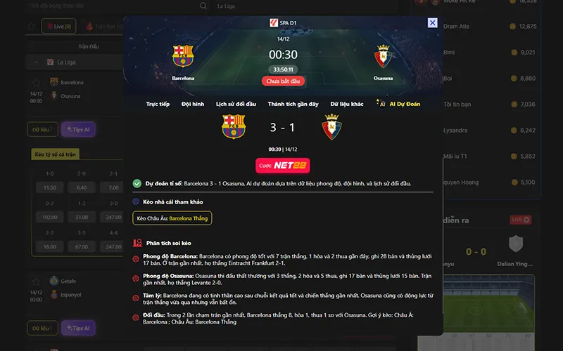 Dự đoán kết quả AI Barcelona vs Osasuna 00h30 ngày 14/12/2025