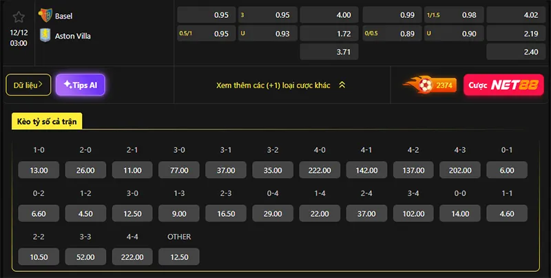 Tỷ lệ kèo Basel vs Aston Villa hôm nay 03h00 ngày 12/12/2025