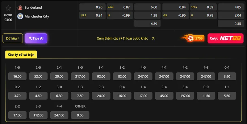 Tỷ lệ kèo Sunderland vs Man City hôm nay 03h00 ngày 02/01/2026