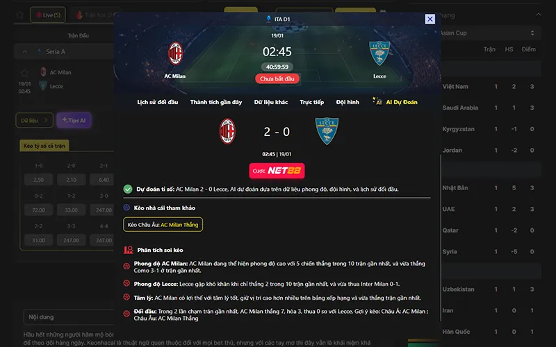 Dự đoán kết quả AI AC Milan vs Lecce 02h45 ngày 19/01/2026