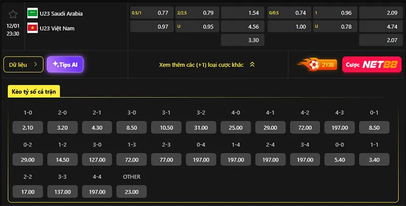 Tỷ lệ kèo U23 Ả Rập Saudi vs U23 Việt Nam hôm nay 23h30 ngày 12/01/2026