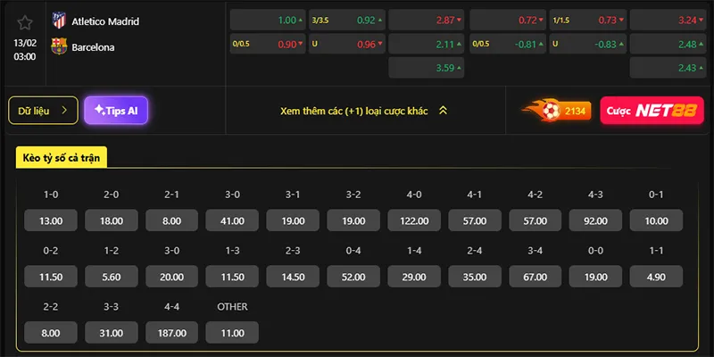 Tỷ lệ kèo Atl Madrid vs Barcelona hôm nay 03h00 ngày 13/02/2026