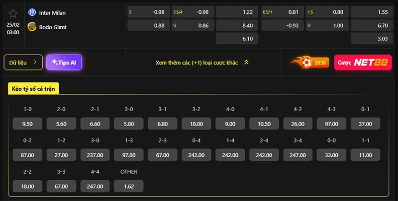 Tỷ lệ kèo Inter Milan vs Bodo Glimt hôm nay 03h00 ngày 25/02/2026