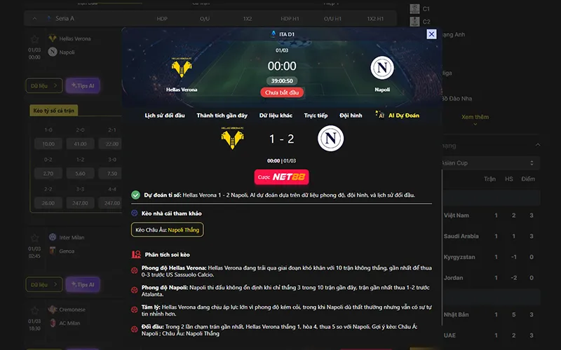 Dự đoán kết quả AI Verona vs Napoli 00h00 ngày 01/3/2026