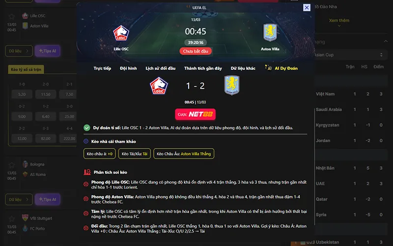 Dự đoán kết quả AI Lille vs Aston Villa 00h45 ngày 13/3/2026